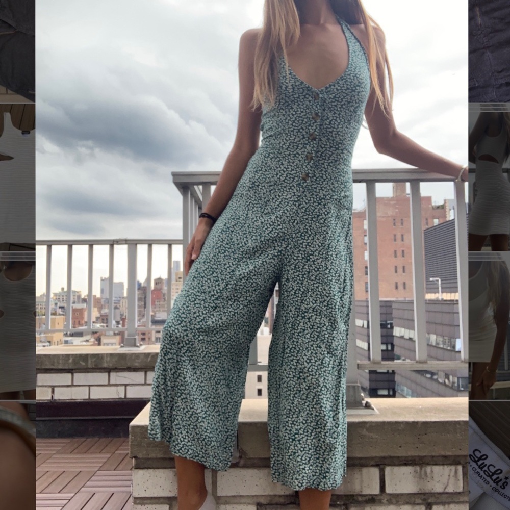 American Eagle Green Floral Jumpsuit